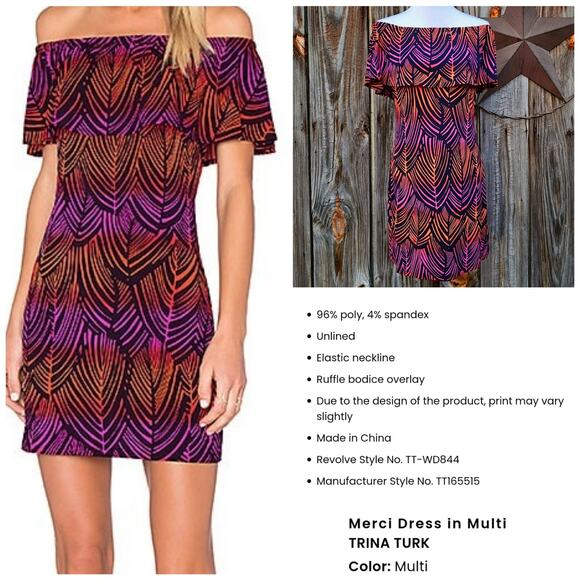 Off Shoulder Dress Trina Turk Merci Size S Navy Neon Orange Purple Print Ruffle - Picture 1 of 9
